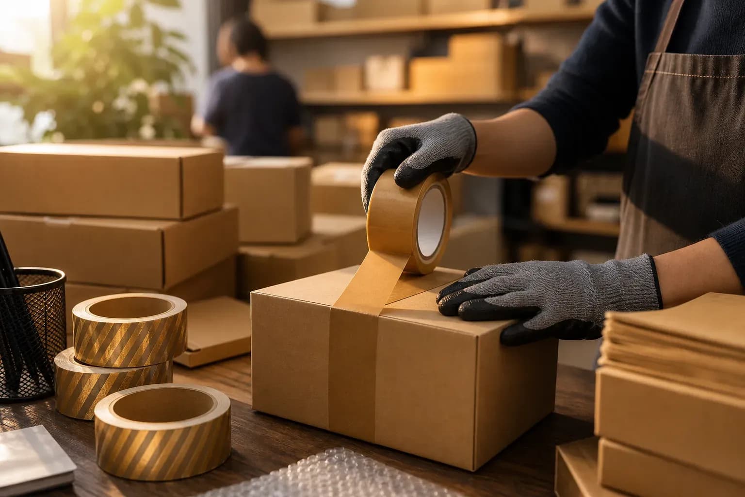 Gloved hands sealing a small parcel with gold-striped tape at an e-commerce packing station, boxes stacked nearby.
