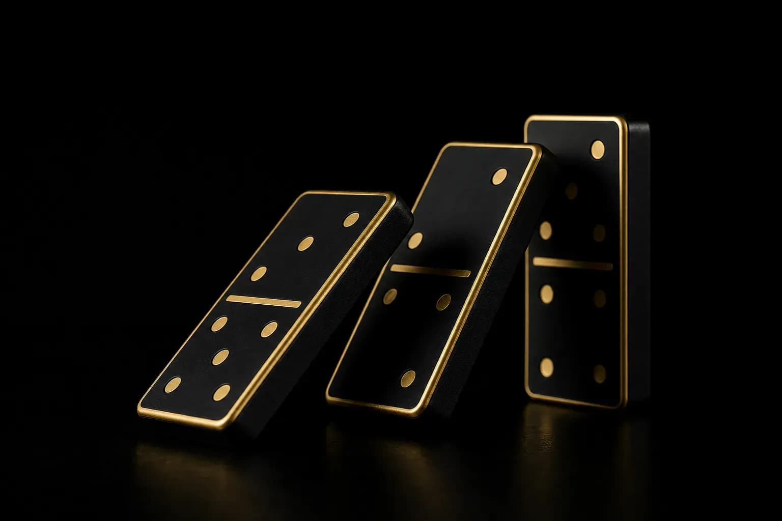 Three matte black dominoes with gold rims about to topple in sequence on a black surface.